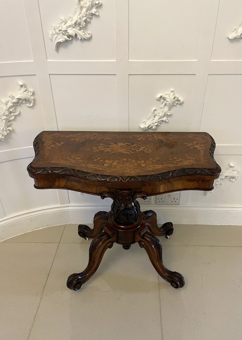 Exceptional Quality Antique Victorian Burr Walnut Inlaid Floral Marquetry Card/Console Table - Image 4
